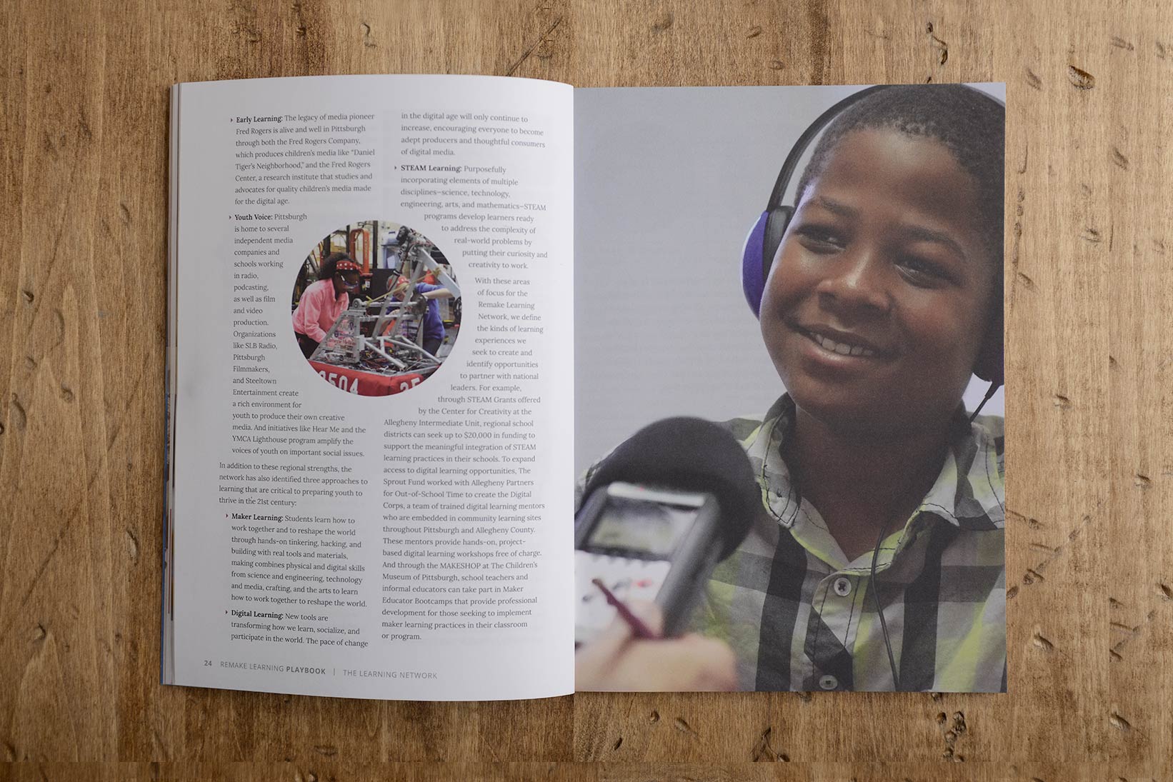 Remake Learning Playbook double-page spread featuring a boy wearing headphones while being interviewed