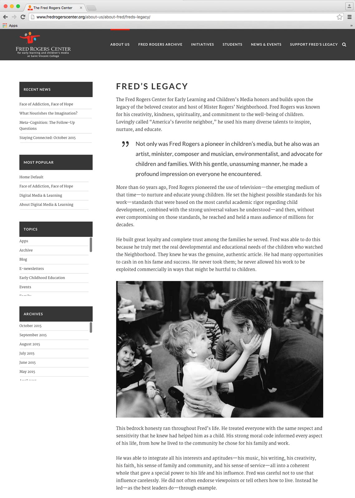 An example of a subpage of the Fred Rogers Center website with a photo of a smiling child holding Fred's face in his hands.