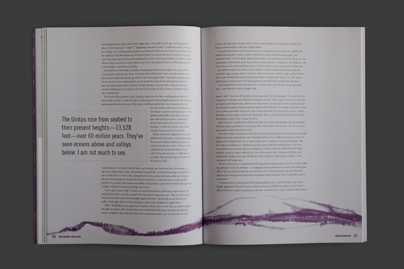 Creative Nonfiction Magazine spread with an illustration of mountains
