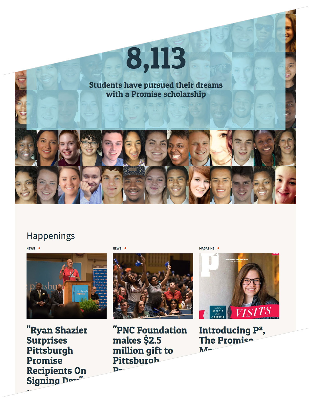 The Promise home page with student faces and news